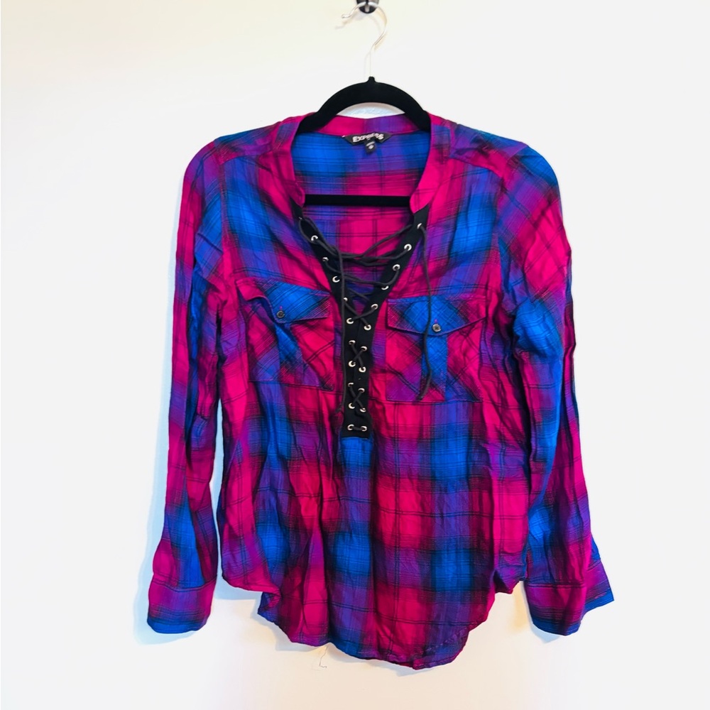 Express plaid flannel lace up long sleeve top size xs